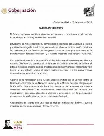 Estado Mexicano mantiene atenci&oacute;n permanente en caso de defensores desaparecidos en Colima: Segob
