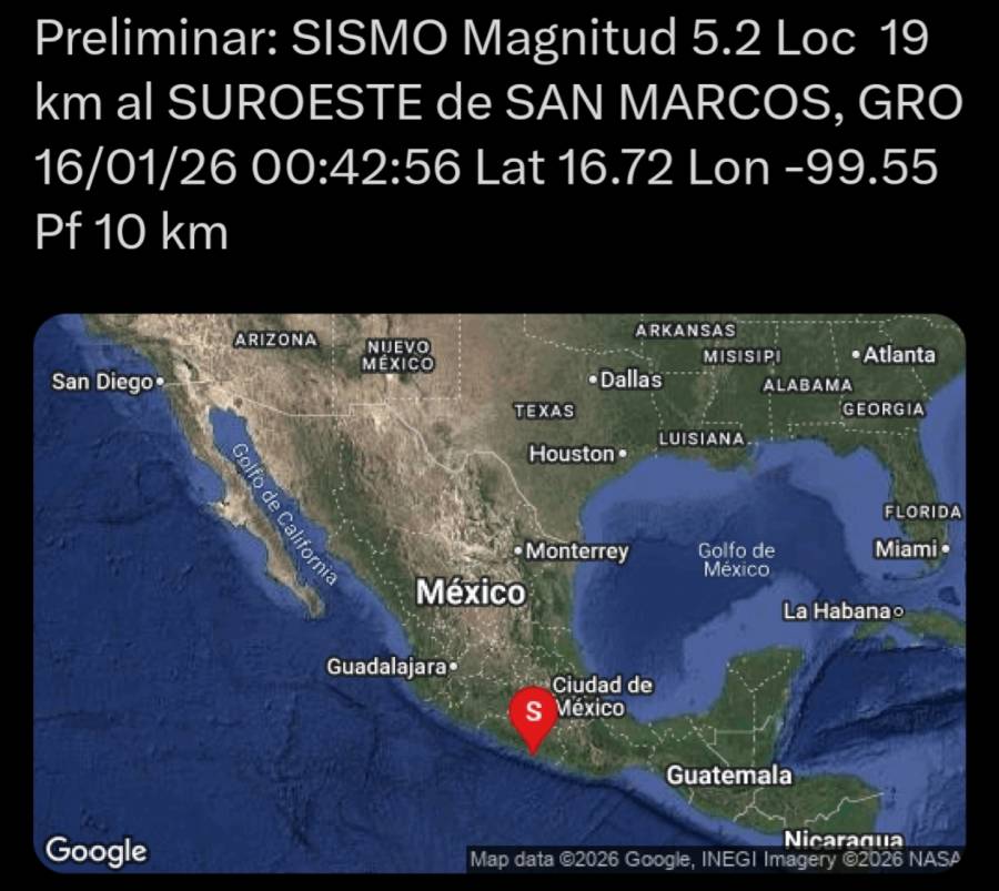 Sismo de magnitud 5.2 se registra al suroeste de San Marcos, Guerrero