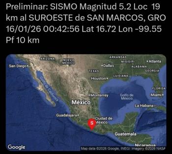 Sismo de magnitud 5.2 se registra al suroeste de San Marcos, Guerrero