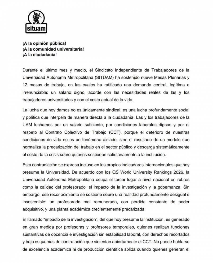 SITUAM exige salario digno y rechaza propuesta de incremento de la UAM