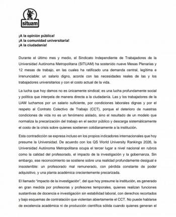 SITUAM exige salario digno y rechaza propuesta de incremento de la UAM