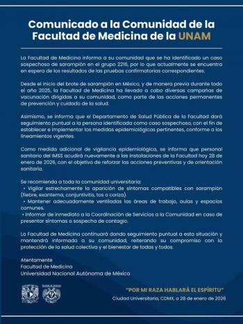 Facultad de Medicina informa sobre caso sospechoso de sarampi&oacute;n y refuerza medidas preventivas
