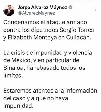 Movimiento Ciudadano condena ataque armado contra diputados en Culiac&aacute;n