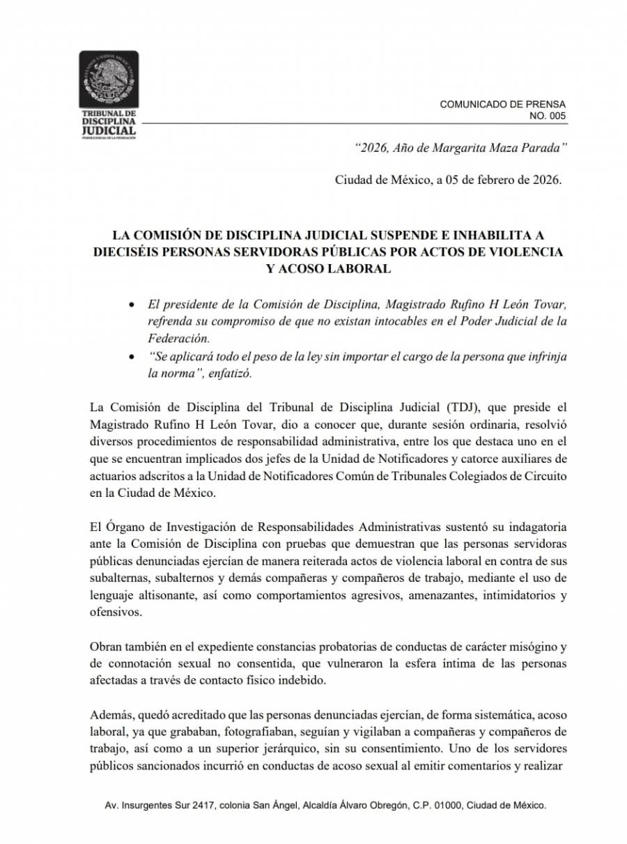 Comisi&oacute;n de Disciplina Judicial sanciona a 16 servidores p&uacute;blicos por violencia y acoso laboral