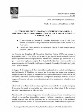 Comisi&oacute;n de Disciplina Judicial sanciona a 16 servidores p&uacute;blicos por violencia y acoso laboral