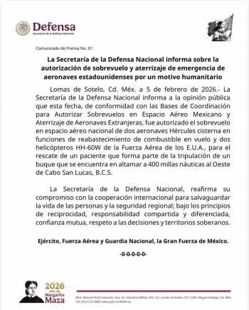 Sedena autoriza sobrevuelo de aeronaves de EU para rescate de paciente
