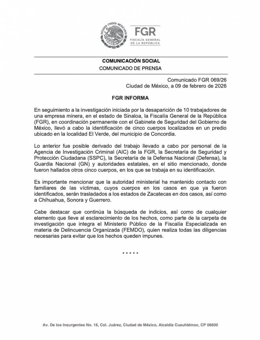 FGR localiza cuerpos de mineros desaparecidos en Concordia, Sinaloa