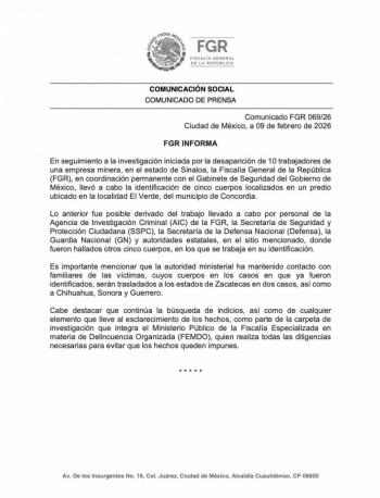 FGR localiza cuerpos de mineros desaparecidos en Concordia, Sinaloa