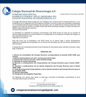 Colegio Nacional de Neurocirug&iacute;a convoca a Asamblea General en Ixtapa Zihuatanejo