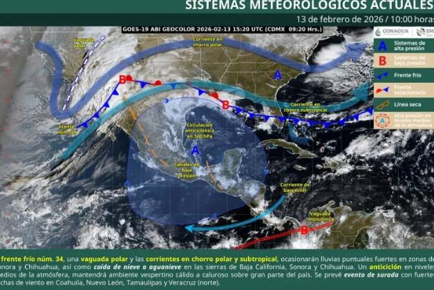 Frente fr&iacute;o 34 provocar&aacute; lluvias, vientos y posible nieve