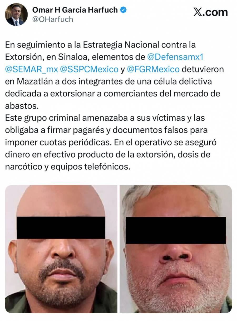 Capturan en Sinaloa a dos presuntos extorsionadores durante operativo federal