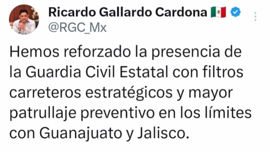 Refuerza SLP vigilancia en l&iacute;mites con Guanajuato y Jalisco: Gallardo