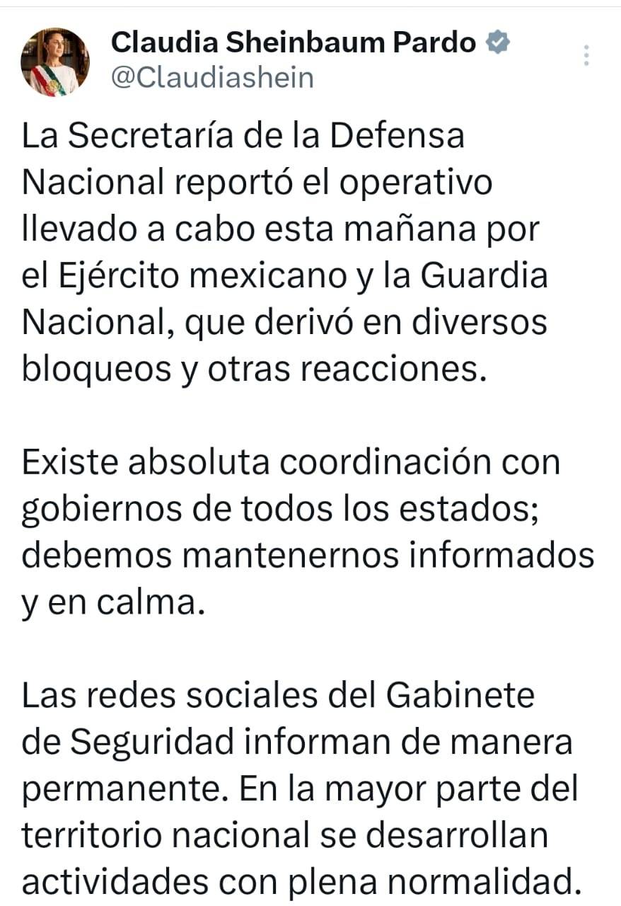 Sheinbaum pide calma tras abatimiento de El Mencho y reconoce a Fuerzas Armadas; actividades transcurren con normalidad en la mayor parte de M&eacute;xico