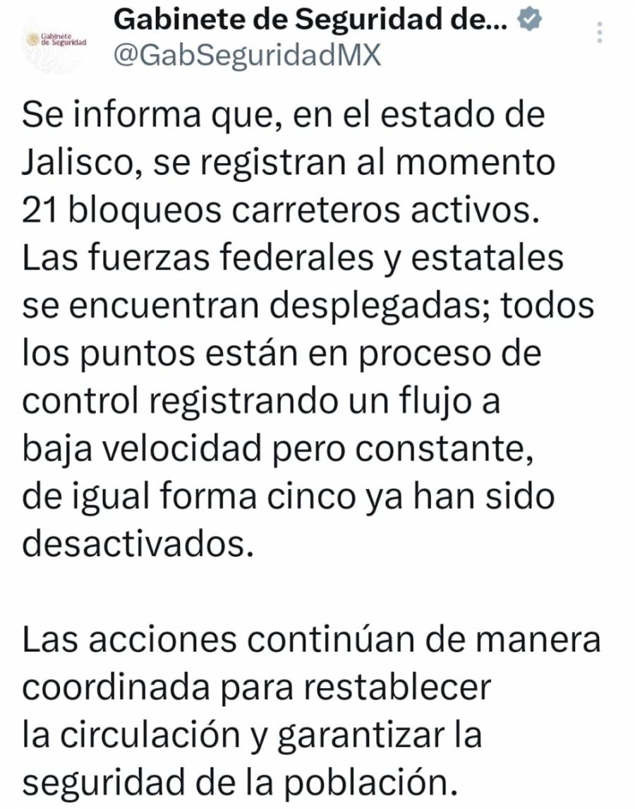 Bloqueos en Jalisco: reportan 21 puntos activos y 5 desactivados; fuerzas federales y estatales despliegan operativo
