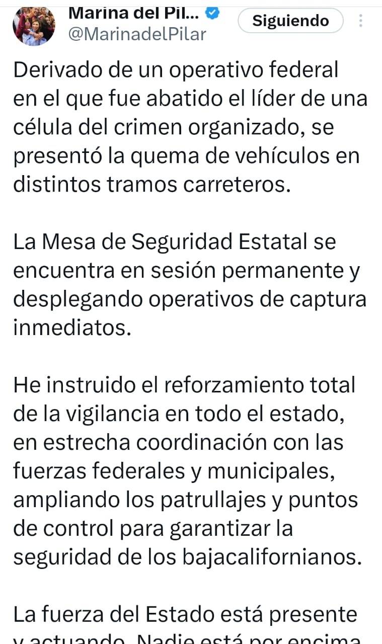Tras operativo federal, refuerzan seguridad en Baja California por quema de veh&iacute;culos, informa Marina del Pilar