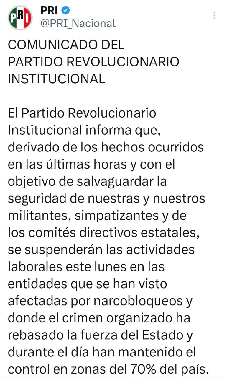 PRI suspende actividades en 17 estados ante situación de inseguridad