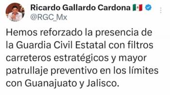 Refuerza SLP vigilancia en l&iacute;mites con Guanajuato y Jalisco: Gallardo