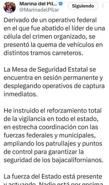 Tras operativo federal, refuerzan seguridad en Baja California por quema de veh&iacute;culos, informa Marina del Pilar