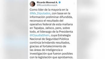 Monreal reconoce operativo federal; Kenia L&oacute;pez expresa solidaridad ante narcobloqueos