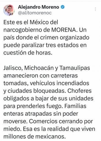 Oposici&oacute;n reacciona a operativo federal y hechos de violencia tras muerte de “El Mencho”