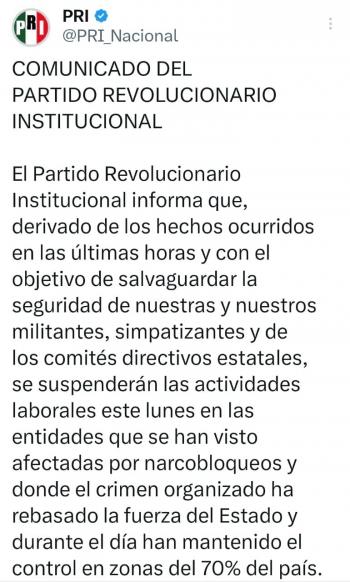 PRI suspende actividades en 17 estados ante situaci&oacute;n de inseguridad