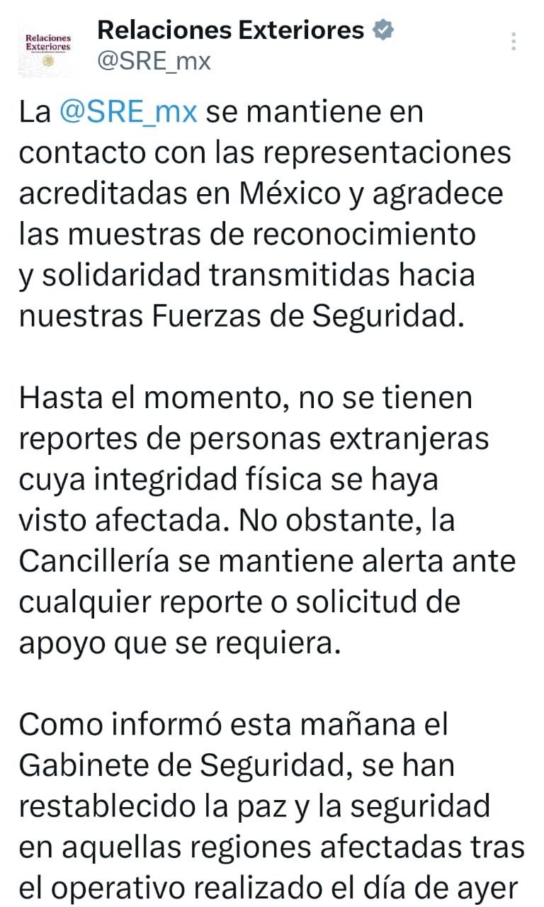 SRE mantiene contacto con embajadas tras operativo en Jalisco
