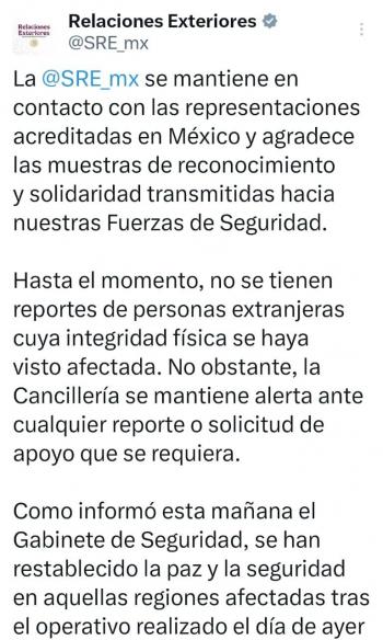 SRE mantiene contacto con embajadas tras operativo en Jalisco