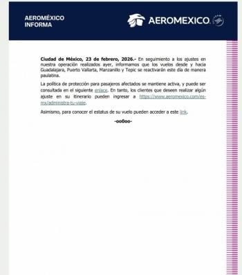 Aerom&eacute;xico reactiva de forma paulatina vuelos desde y hacia el occidente del pa&iacute;s