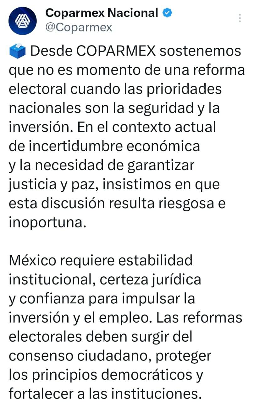 COPARMEX indica que la seguridad e inversión deben ser prioridad, no una reforma electoral
