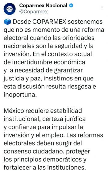 COPARMEX indica que la seguridad e inversi&oacute;n deben ser prioridad, no una reforma electoral