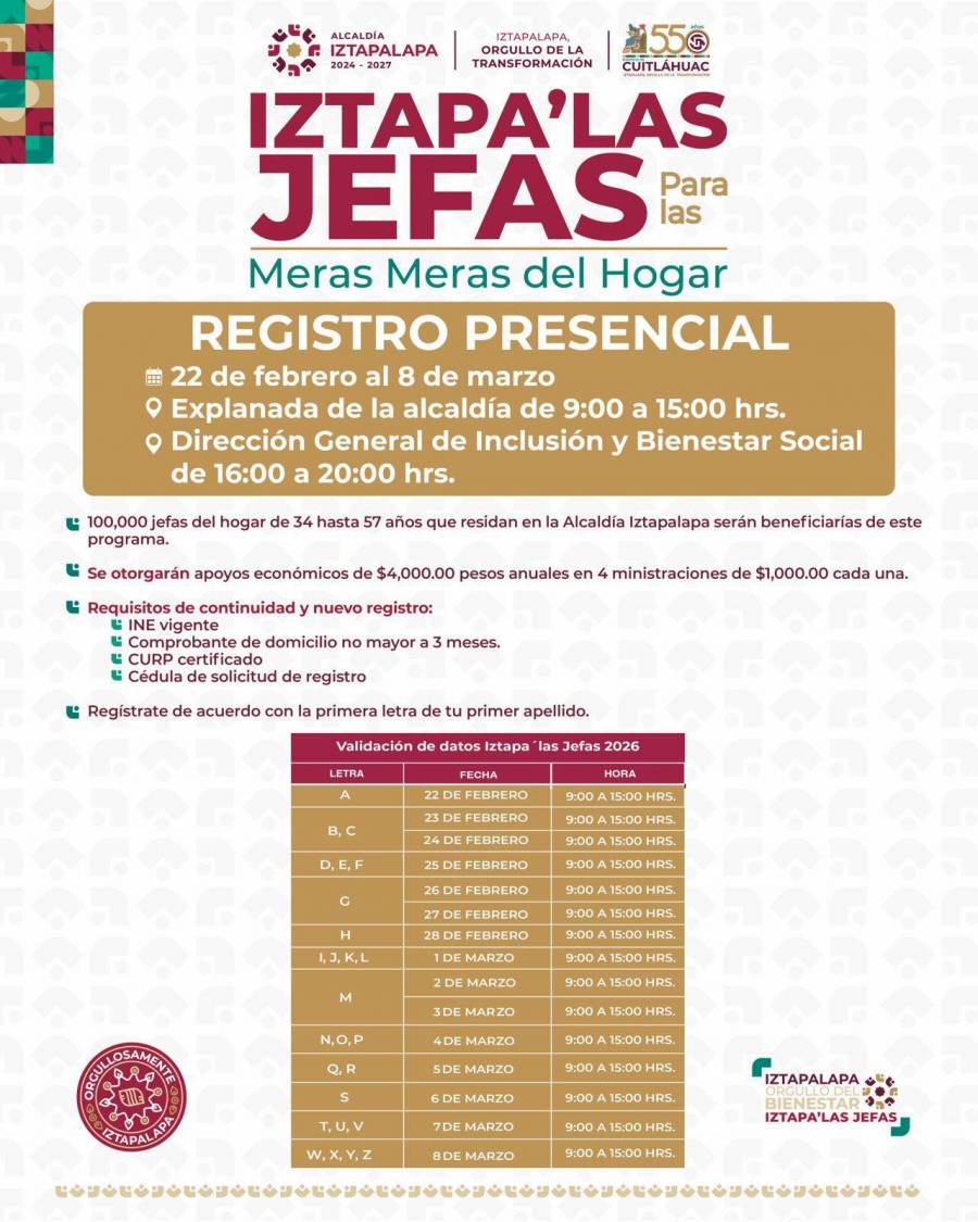 Abren registro del programa Iztapa’ Las Jefas con apoyo anual de 4 mil pesos en Iztapalapa
