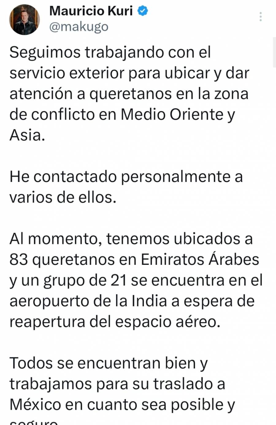 Mauricio Kuri reporta 104 queretanos localizados en Medio Oriente y Asia; 21 esperan en aeropuerto de India para regresar a México