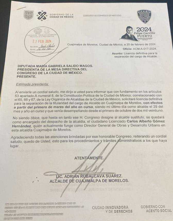 Rubalcava deslinda responsabilidad sobre recursos federales en Cuajimalpa