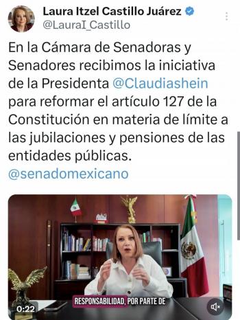 Senado recibe iniciativa de Sheinbaum para fijar tope a jubilaciones y pensiones