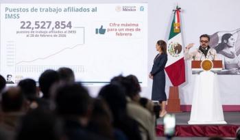 Presidenta Claudia Sheinbaum destaca registro de 22.5 millones de empleos afiliados al IMSS, la cifra m&aacute;s alta para un mes de febrero