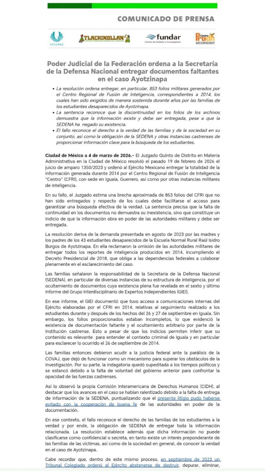 Poder Judicial ordena a Sedena entregar m&aacute;s de 800 documentos faltantes sobre caso Ayotzinapa
