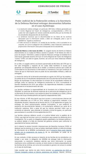 Poder Judicial ordena a Sedena entregar m&aacute;s de 800 documentos faltantes sobre caso Ayotzinapa