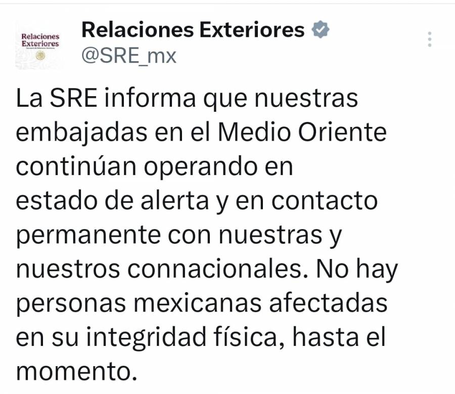 SRE reporta evacuaci&oacute;n de 321 mexicanos del Medio Oriente y mantiene embajadas en alerta