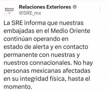 SRE reporta evacuaci&oacute;n de 321 mexicanos del Medio Oriente y mantiene embajadas en alerta