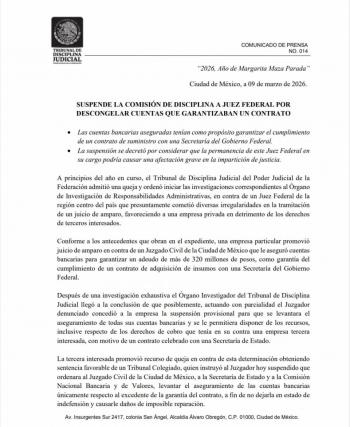 Suspenden a juez federal por presuntas irregularidades al descongelar cuentas vinculadas a contrato con el gobierno