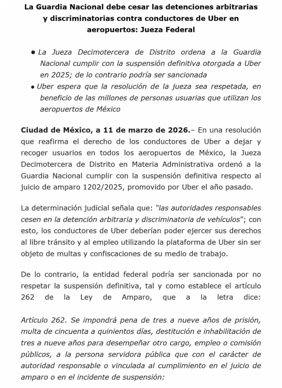 Uber llama a GN a cesar detenciones a sus conductores en aeropuertos ante mandato judicial; plataformas llaman al dialogo ante Mundial