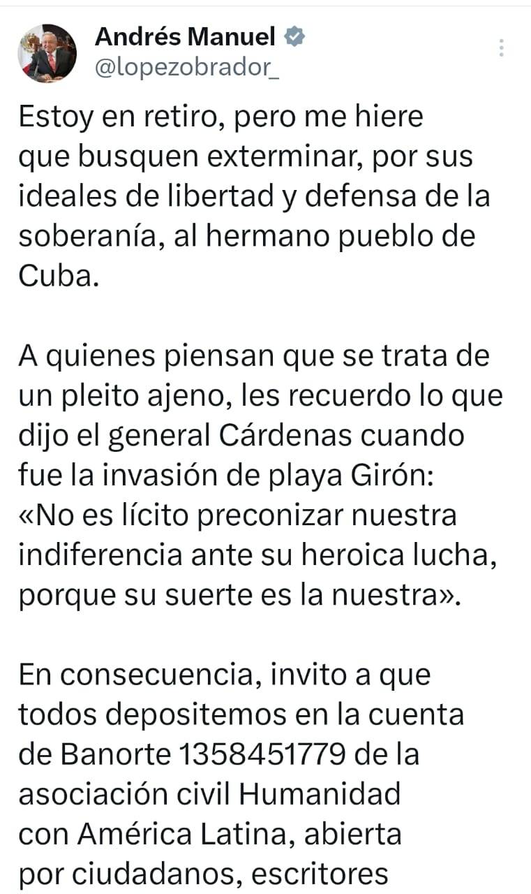 L&oacute;pez Obrador llama a apoyar al pueblo de Cuba con donaciones