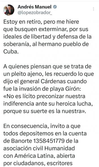 L&oacute;pez Obrador llama a apoyar al pueblo de Cuba con donaciones