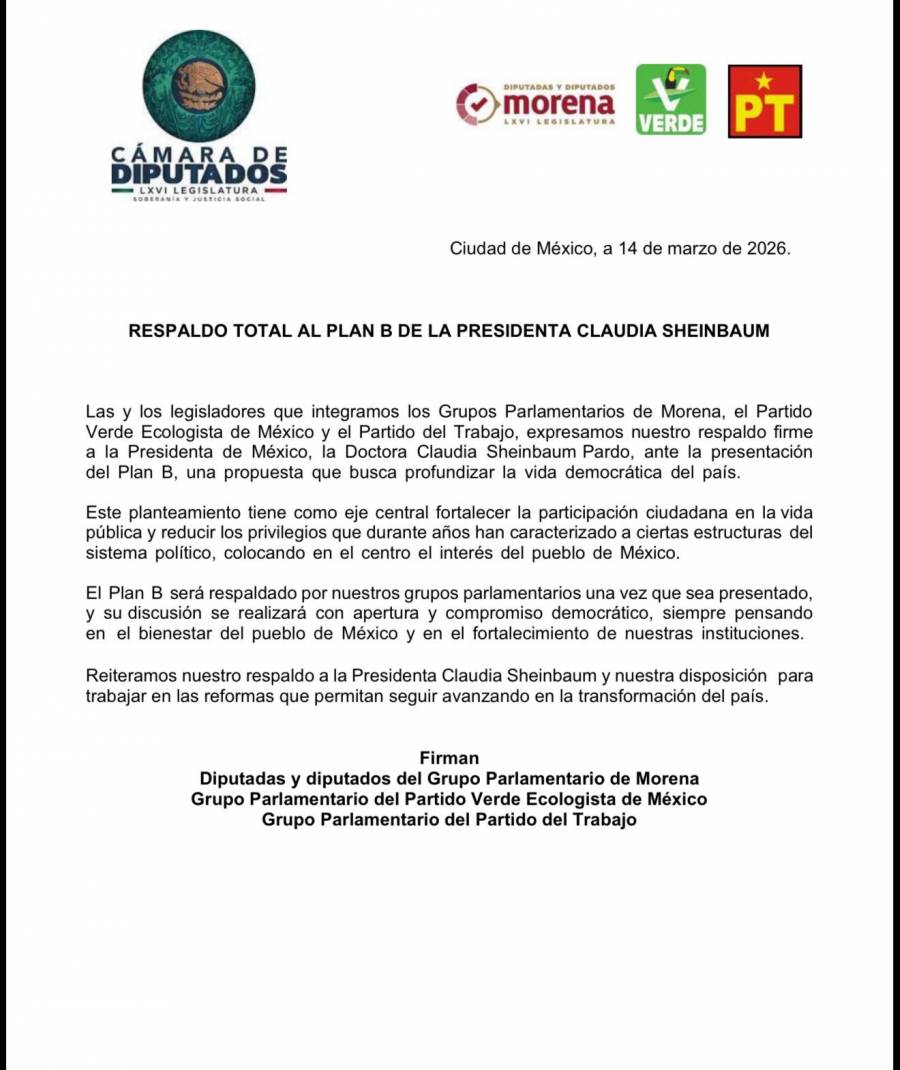 Morena, PVEM y PT expresan respaldo al Plan B de Sheinbaum
