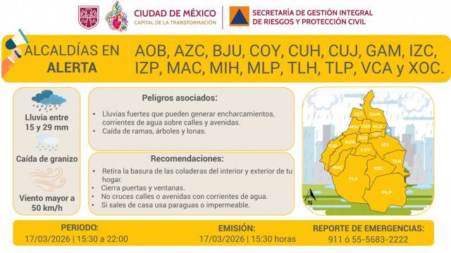 Alerta Amarilla por persistencia de lluvias fuertes, viento con rachas fuertes y posible caída de granizo