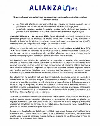 Plataformas de movilidad urgen di&aacute;logo con el gobierno por operaci&oacute;n en aeropuertos rumbo al Mundial