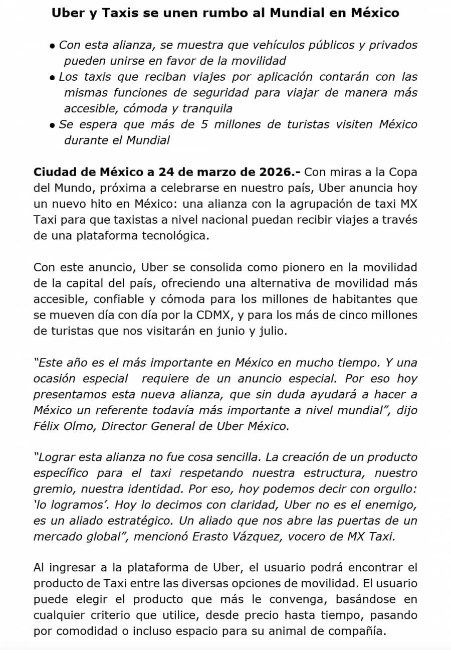 Uber y taxistas anuncian alianza rumbo al Mundial 2026 en M&eacute;xico