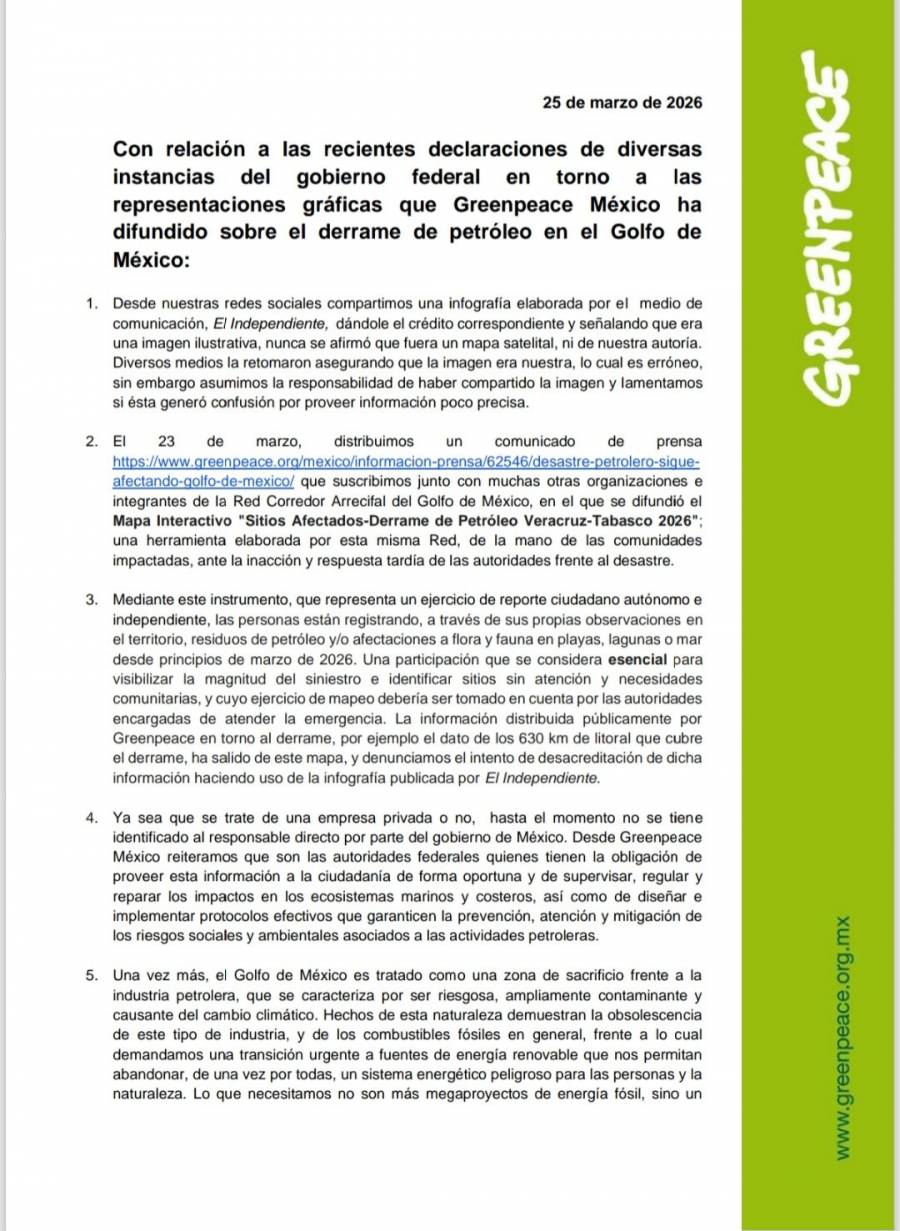 Greenpeace reconoce imprecisi&oacute;n en imagen sobre derrame en el Golfo de M&eacute;xico