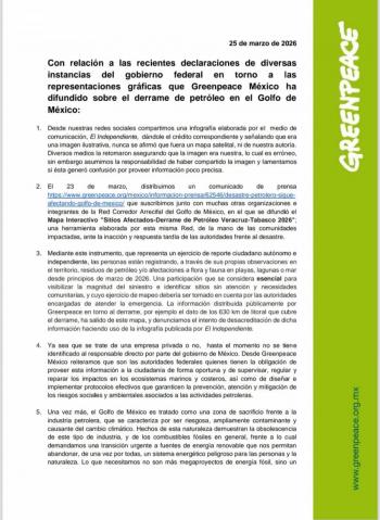Greenpeace reconoce imprecisi&oacute;n en imagen sobre derrame en el Golfo de M&eacute;xico