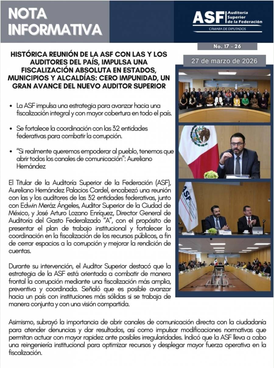 Auditor&iacute;a Superior de la Federaci&oacute;n impulsa coordinaci&oacute;n nacional para fortalecer la fiscalizaci&oacute;n y combatir la corrupci&oacute;n